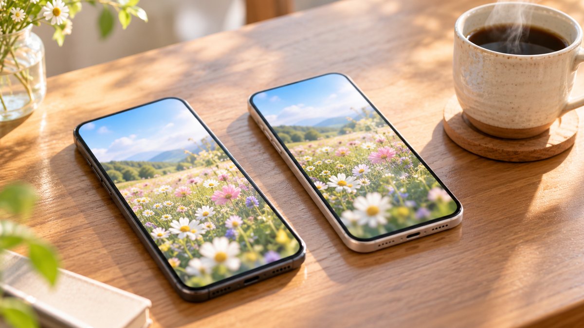 日の当たる木のテーブルに、色のちがうスマートフォンが2台並び、どちらの画面にも同じ花畑の写真が映っている。そばに湯気の立つコーヒーカップと小さな花