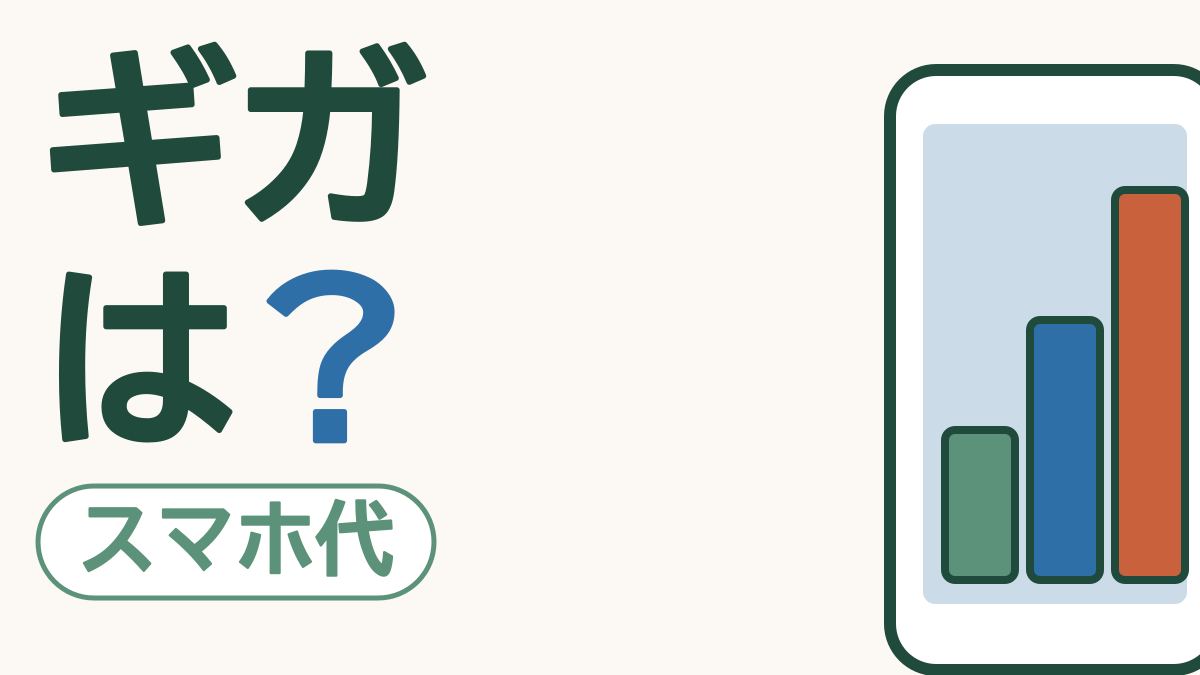 「ギガは？」と大きく書かれ、スマホの画面に高さのちがう3本の棒が並ぶ絵。左下に「スマホ代」の札