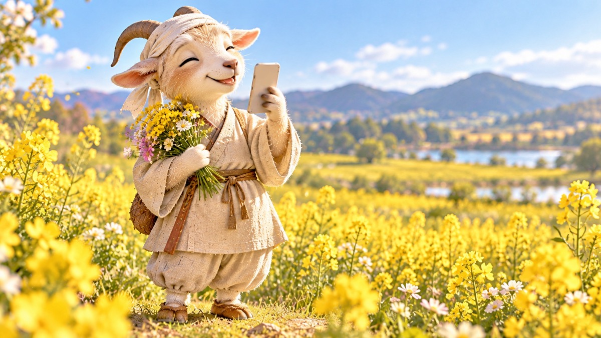 菜の花畑で、野の花の束を持ち、スマートフォンを見てほほえむ、飛鳥時代の村の人の服を着たヤギのおばあちゃん