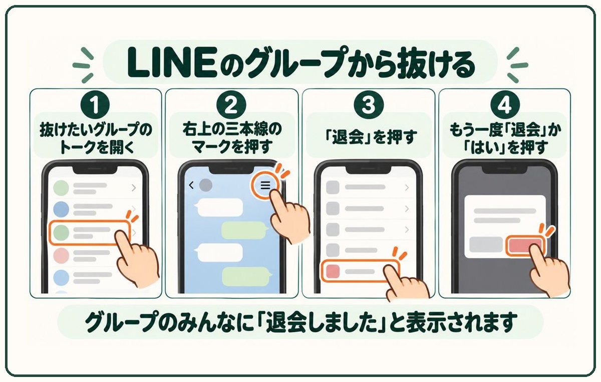 LINEのグループから抜ける。①抜けたいグループのトークを開く。②右上の三本線のマークを押す。③「退会」を押す。④もう一度「退会」か「はい」を押す。グループのみんなに「退会しました」と表示されます